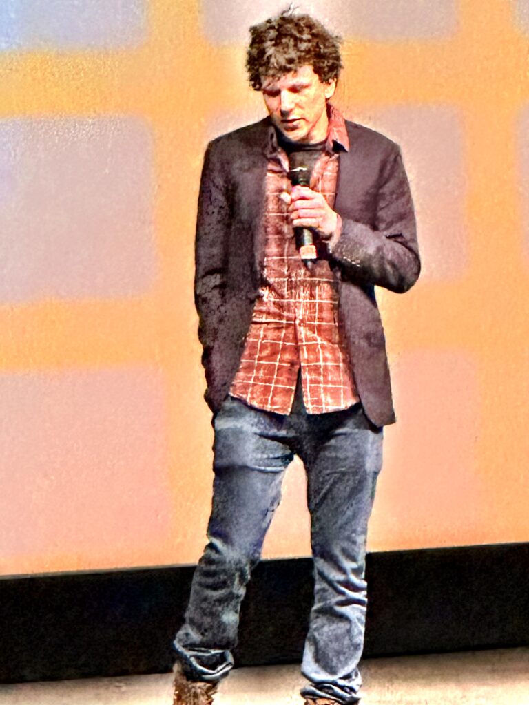 Jesse Eisenberg at the Q and A after premiere of “Real Pain. A film he wrote, directed and starred in (photo by Jane Howze) 