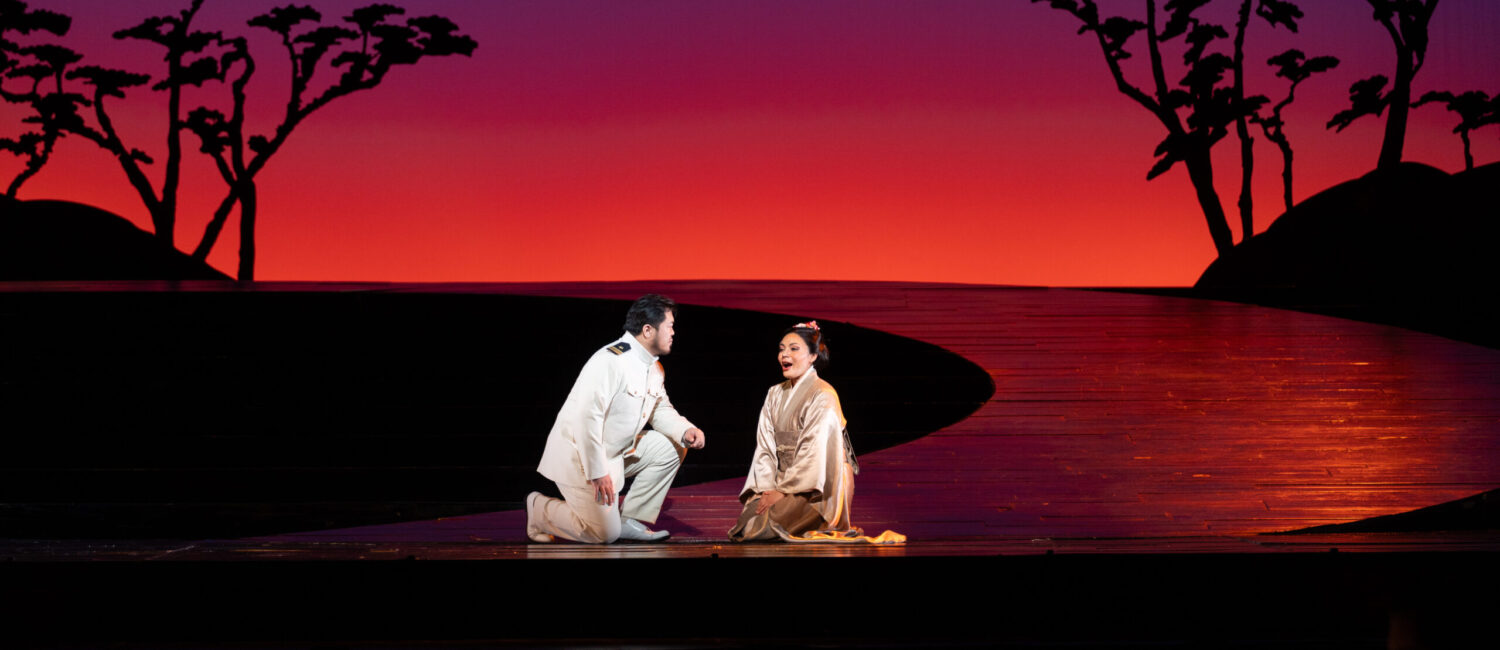 Yongzhao Yu as Pinkerton and Ailyn Pérez as Madame Butterfly in a rehearsal of Houston Grand Opera’s Madame Butterfly (Photo by Michael Bishop)