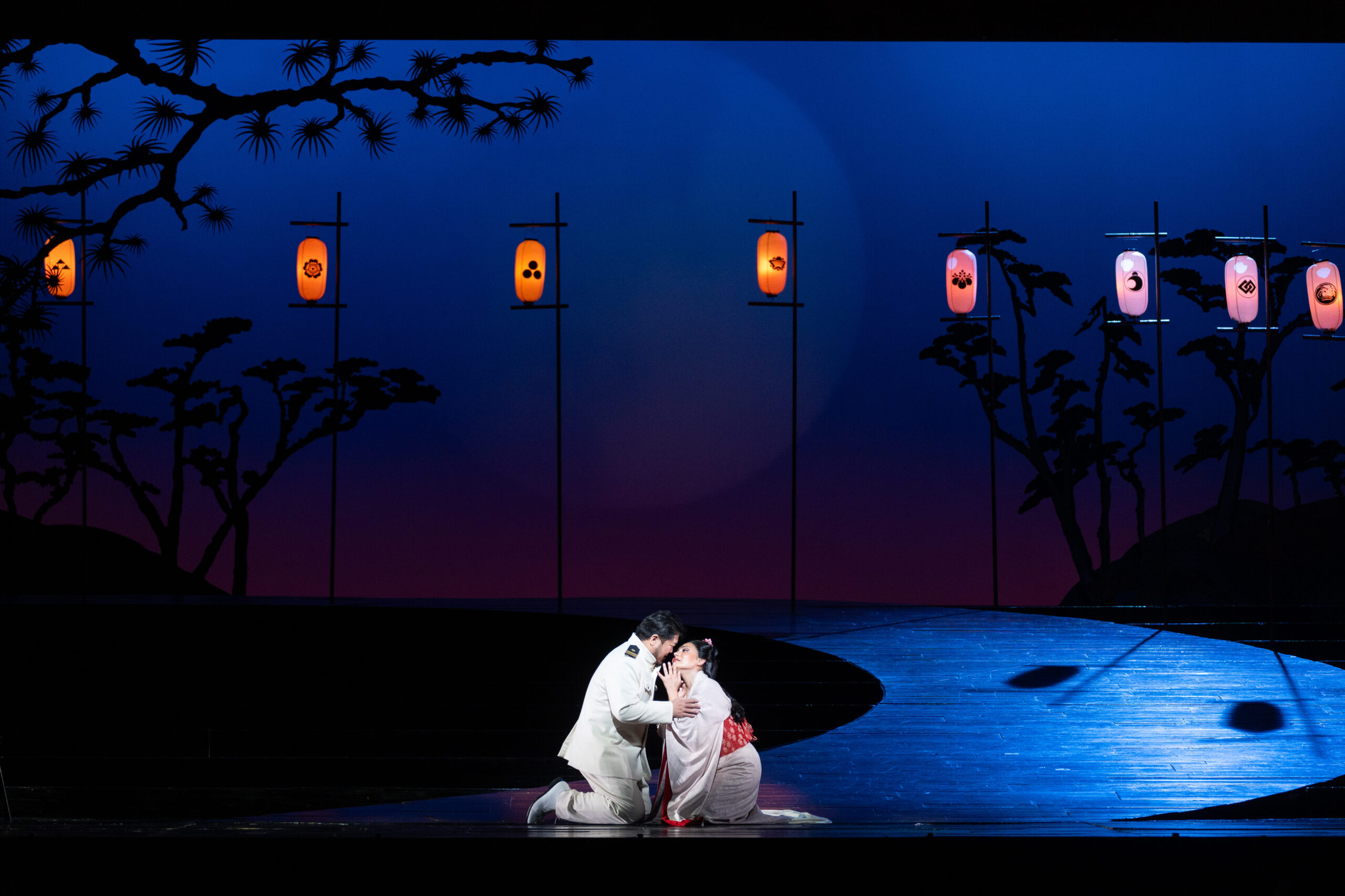 Yongzhao Yu as Pinkerton and Ailyn Pérez as Madame Butterfly in a rehearsal of Houston Grand Opera's Madame Butterfly (Photo by Michael Bishop)
