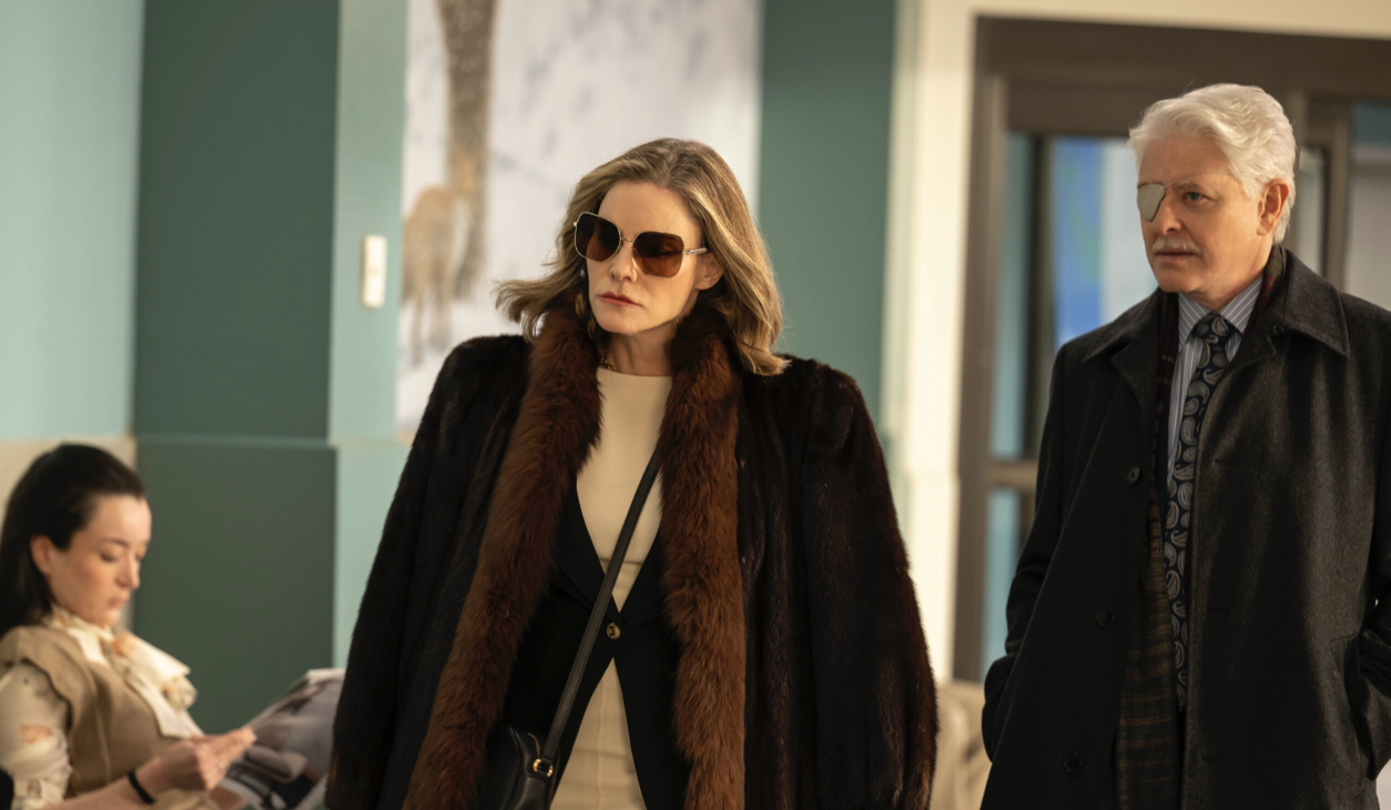 Jennifer Jason Leigh and Dave Foley from Fargo Season 5 currently streaming on FX and Hulu
