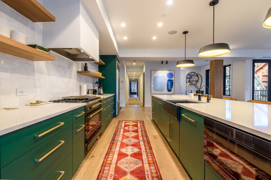 Modern, bold colors and patterns brighten the condo and make it a joyful place to relax after a day on the slopes.