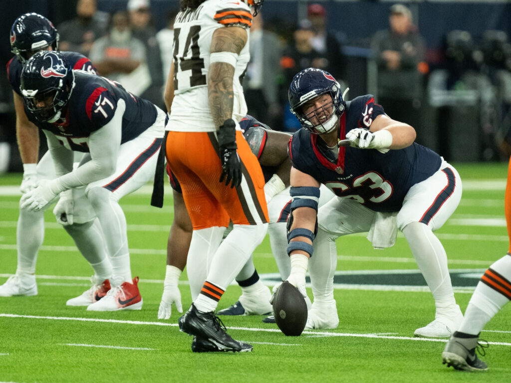 Houston Texans center Michael Deiter and the rest of the offensive line kept the pressure off C.J. Stroud. (Photo by F. Carter Smith)