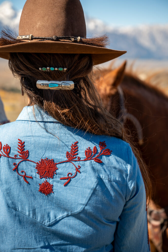 Beaded detailing on the denim shirt is a classic piece in the Lela Rose Ranch collection. (Photo by Lela Rose Ranch)