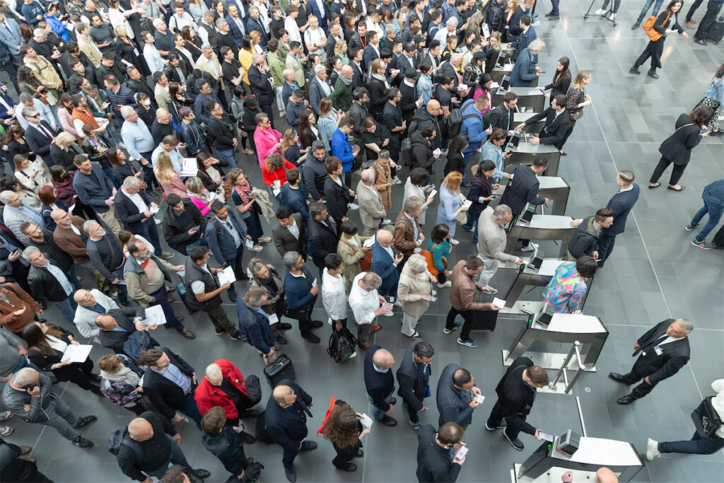 A throng of visitors at the 2023 Salone del Mobile.  (Photo by Alberto Strada)