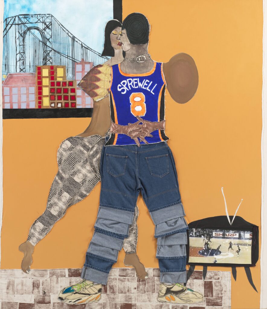 Tschabalala Self, "Sprewell," 2020, at Museum of Fine Arts, Houston. Fabric, thread, painted canvas, silk, jeans, painted newsprint, stamp, photographic transfer on paper, and acrylic on canvas. (Courtesy Tschabalala Self, Pilar Corrias, London and Galerie Eva Presenhuber, Zurich)