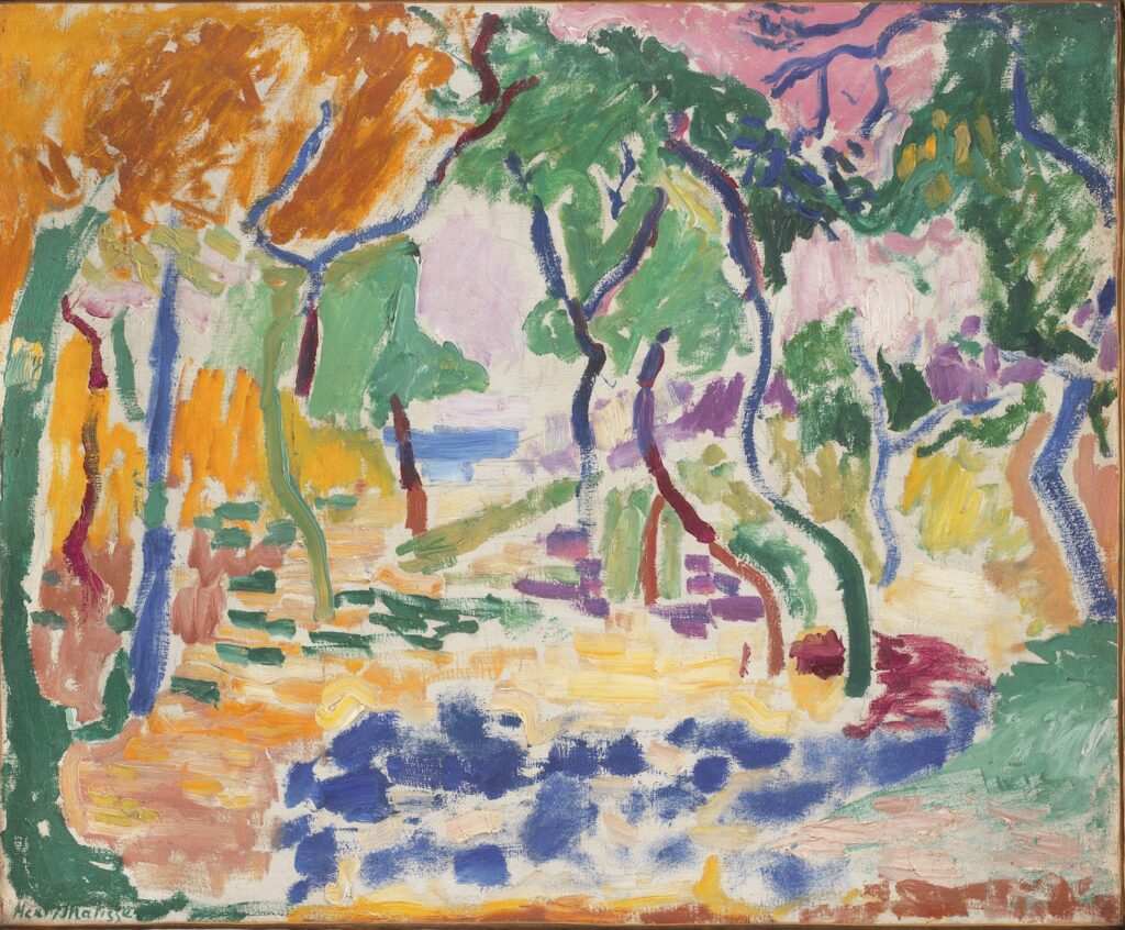 Henri Matisse, "Landscape at Collioure" (Study for "The Joy of Life"), 1905, oil on canvas, Statens Museum for Kunst, Copenhagen. © 2023 Succession H. Matisse/Artists Rights Society (ARS), New York. Image courtesy MFAH.