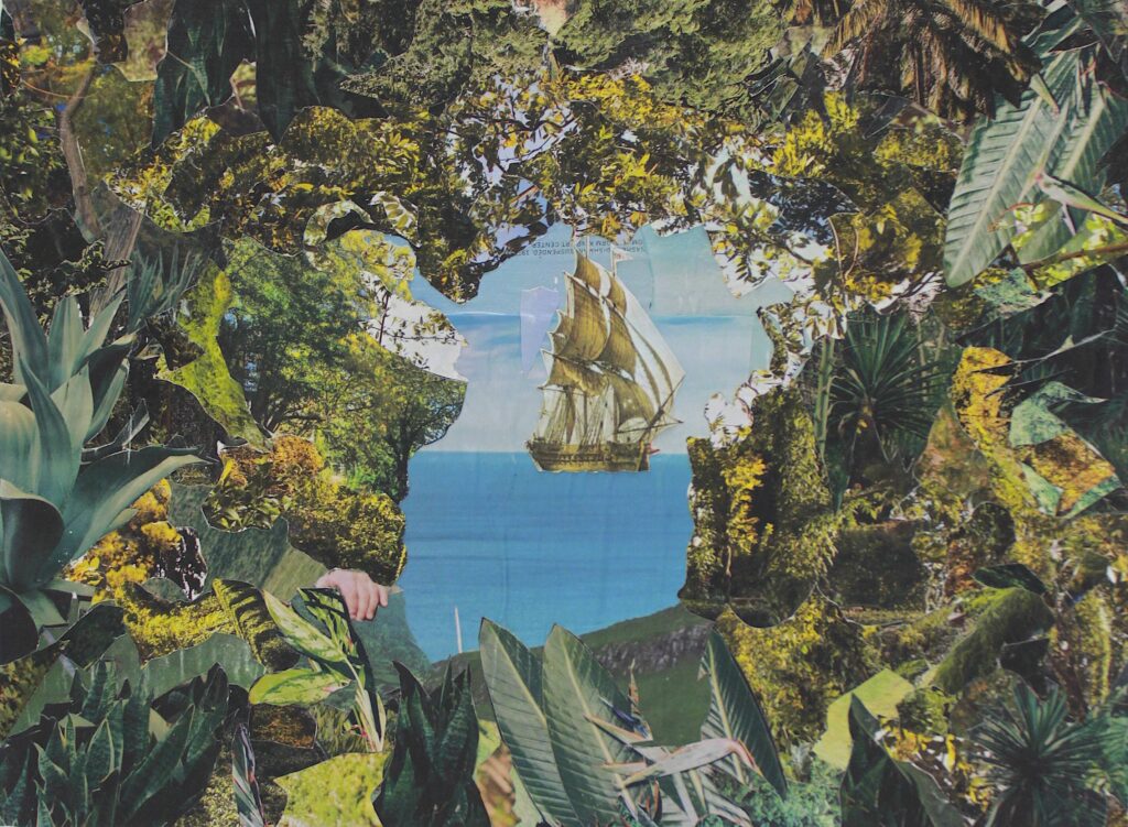 Lester Julian Merriweather's "Untitled (Turn That Ship Away)," from #BetterGardensAndJungles, 2022, at Museum of Fine Arts, Houston. Cut-paper collage on canvas. (Courtesy Lester Julian Merriweather)