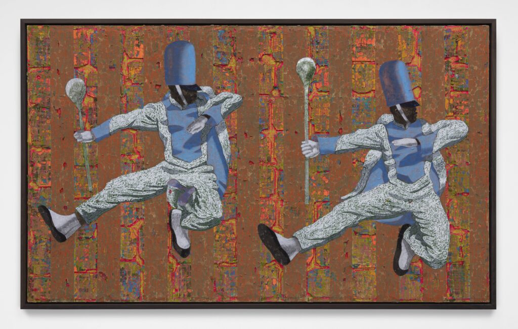 Derek Fordjour's "Airborne Double," 2022, at Museum of Fine Arts, Houston. Acrylic, charcoal, cardboard, oil pastel, and foil on newspaper mounted on canvas. (Photo by Daniel Greer, Courtesy Petzel Gallery, New York City and David Kordansky Gallery, Los Angeles)