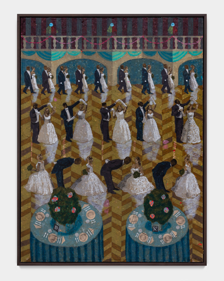 Derek Fordjour's "Cotillion," 2022, at Museum of Fine Arts, Houston. (Courtesy Derek Fordjour and David Kordansky Gallery, Los Angeles)