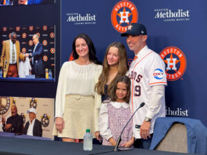 Pamela Dearth, wife of new Houston Astros named Joe Espada, with their daughters Eliana, 12, and Viviana, 8, as Esparza was announced as 20th full-time manager in club history during a press conference with general manager Dana Brown at Minute Maid Park