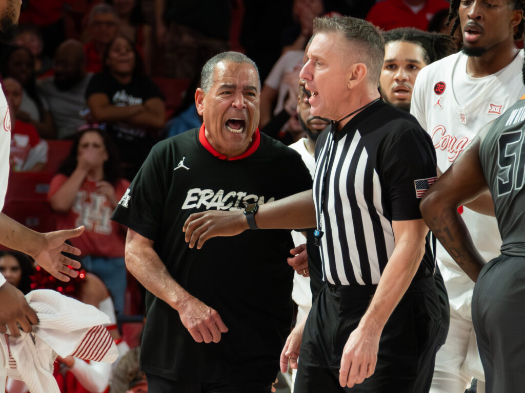 University of Houston coach Kelvin Sampson will not stand for his players being put in danger. He’ll get ejected over it. (Photo by F. Carter Smith)ame in the 2nd half at the Fertitta Center