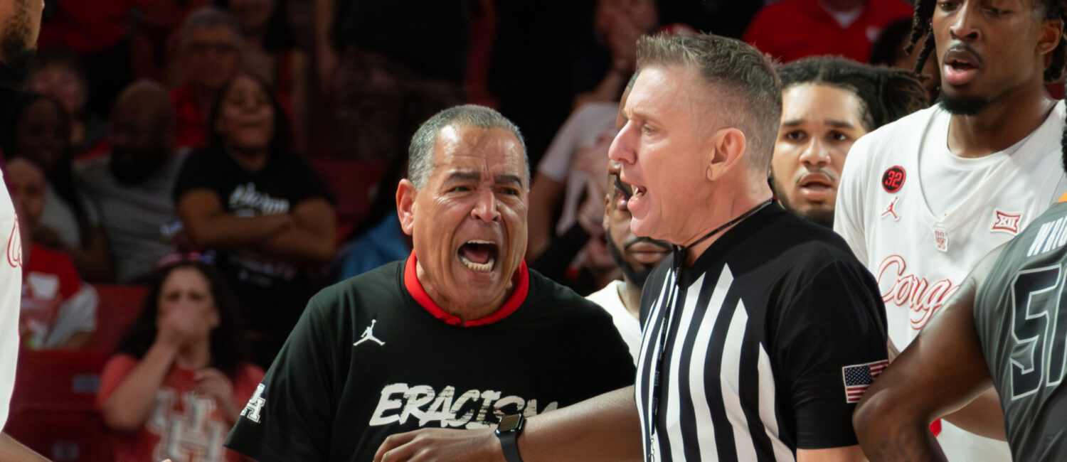 University of Houston coach Kelvin Sampson will not stand for his players being put in danger. He’ll get ejected over it. (Photo by F. Carter Smith)ame in the 2nd half at the Fertitta Center