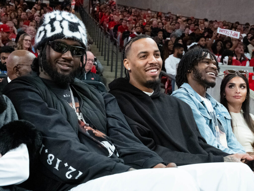Kyler Edwards (middle) and Jarace Walker (right) were among the former Cougars who returned during the NBA All-Star break. (Photo by F. Carter Smith)