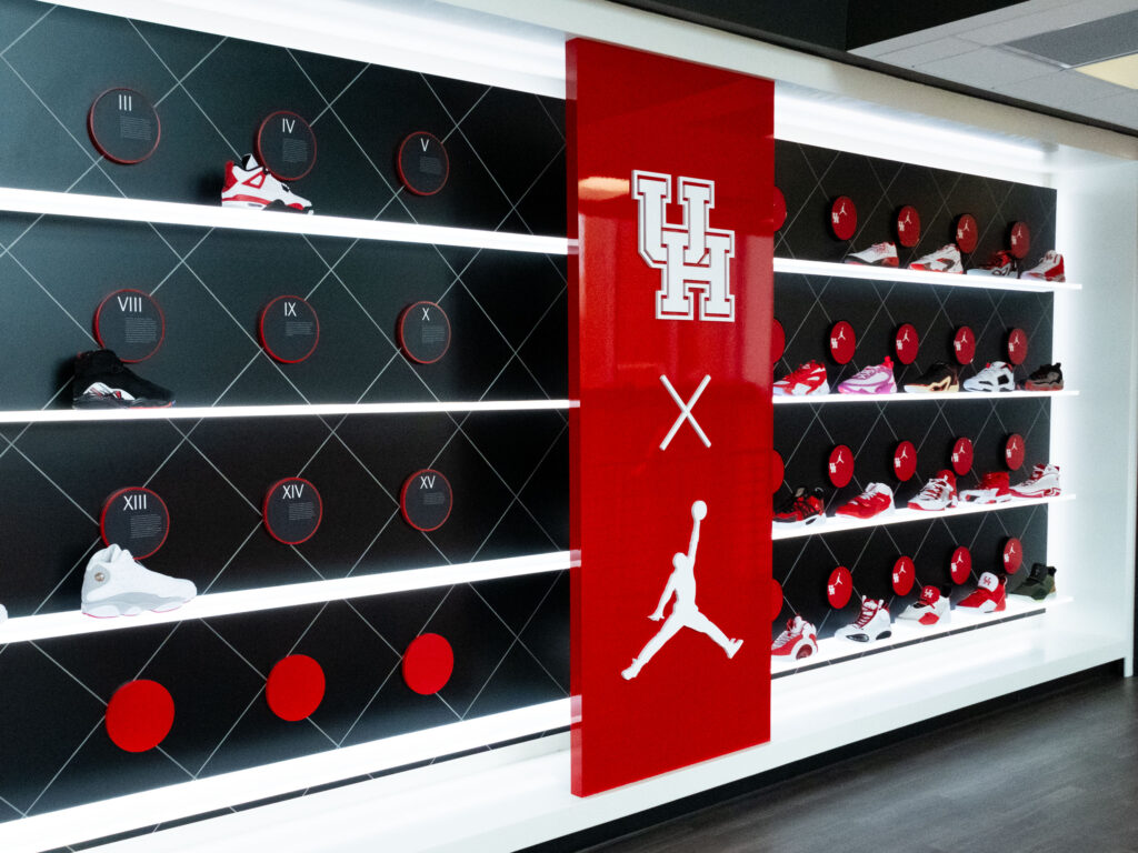 Houston basketball's Wall of Jordans is the kind of thing that wows high school recruits. (Photo by F. Carter Smith)