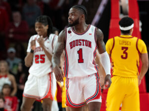 Houston point guard Jamal Shead stands alone as a two way force in college basketball. And the best player on the Big 12 champions. (Photo by F. Carter Smith)