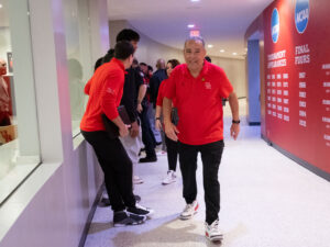 University of Houston coach Kelvin Sampson has plenty of happy moments with the team he demands so much from. Now Sampson's Cougars are Big 12 champs in their very first year in the best basketball conference in America. (Photo by F. Carter Smith)