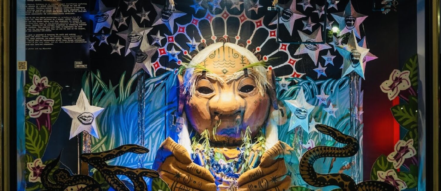 Artist Killjoy’s Ion Building installation “Creation, Current, Solution,” 2023. The installation includes animatronic puppets made of painted cardboard. (Photo by Marc Furi Creative)