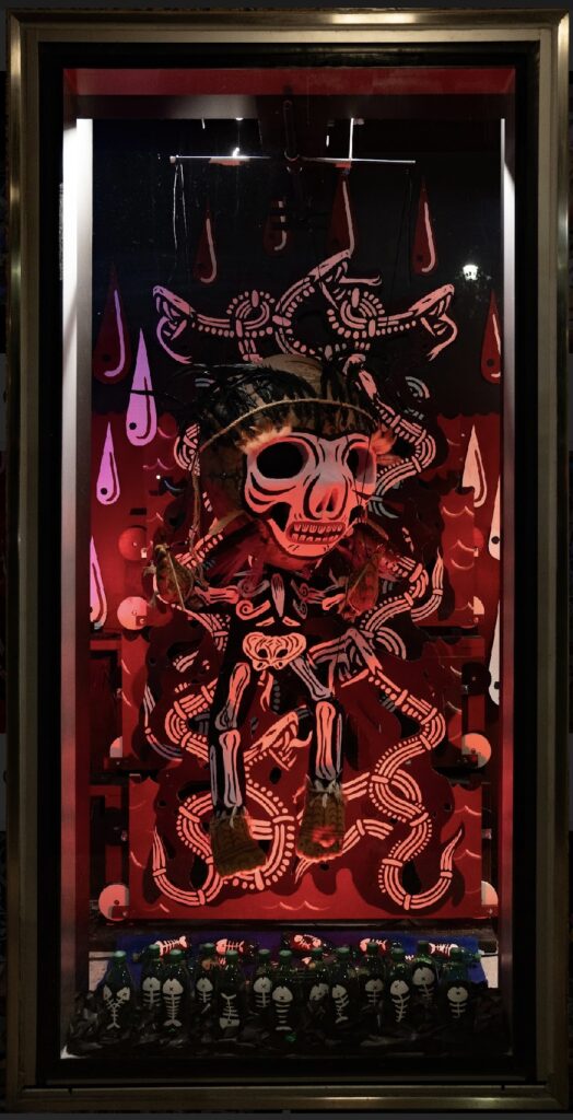 Artist Kill Joy's Ion Building installation "Creation, Current, Solution," 2023. The installation includes animatronic puppets made of painted cardboard. (Photo by Marc Furi Creative)