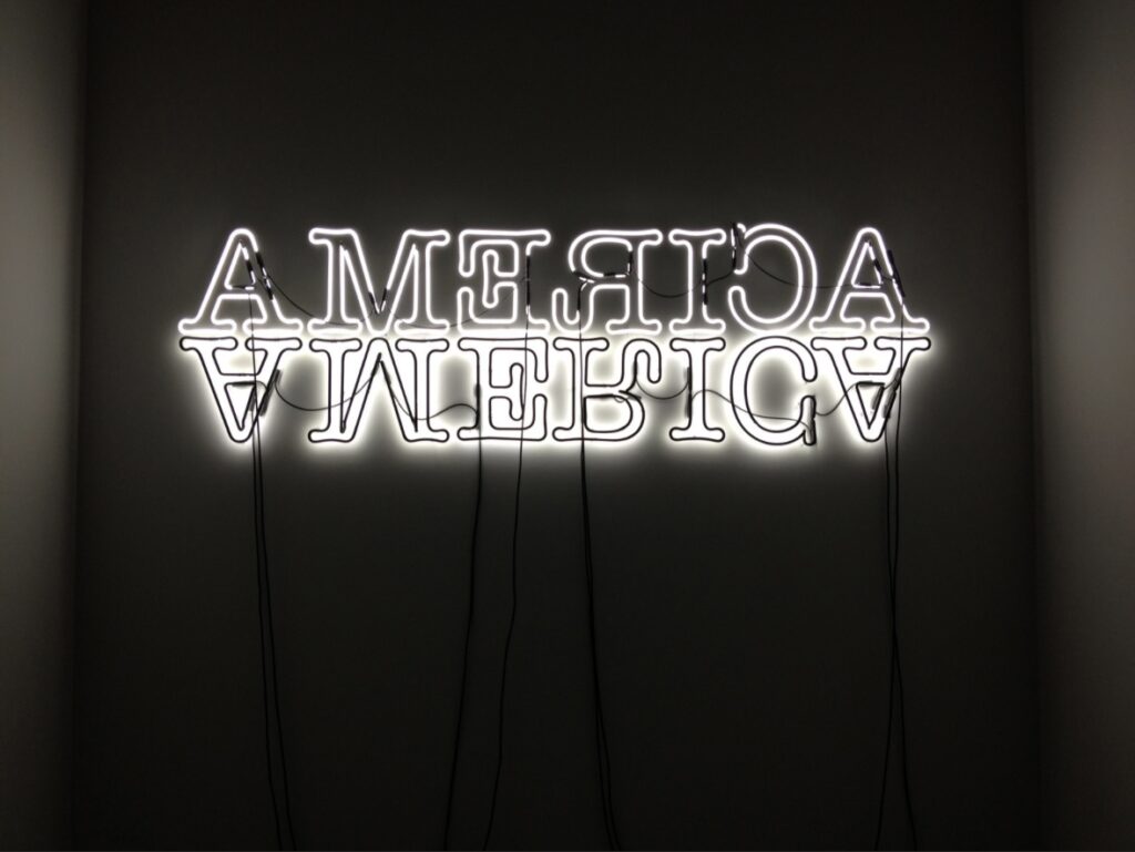 Artist Glenn Ligon's "Double America," 2012. Pioneering Greek luminist sculpture artist Chryssa paved the way for artists like Ligon, who has also become known for neon artworks. (Courtesy Luhring Augustine Gallery, New York City)