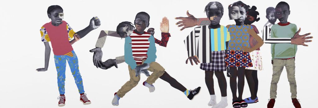 Deborah Roberts' collage "Let Them Be Children," 2018, at Museum of Fine Arts, Houston. Mixed media and collage on canvas. (Photo by Sydney 
Collins, courtesy Deborah Roberts and Virginia Museum of Fine Arts)