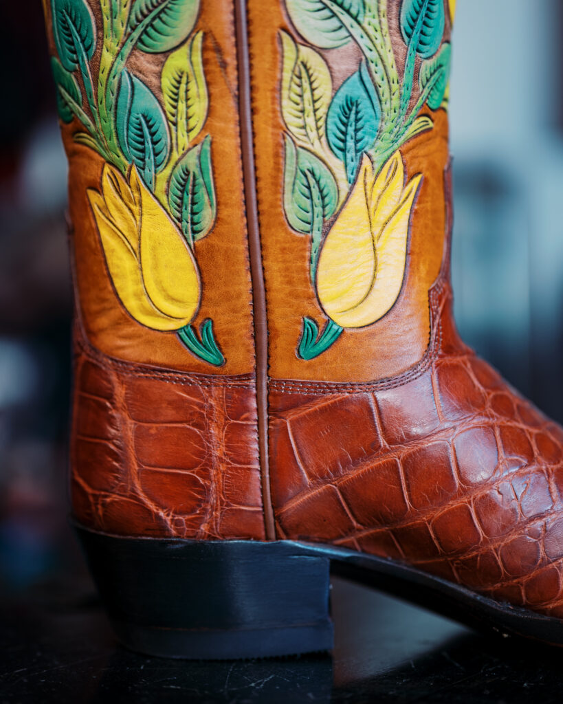 Handmade tulle design work on a pair of Parker Boot Company boots.