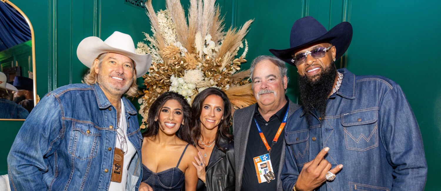 Rodeo Houston, Pete Bell, Zinat Ahmed, Hannah and Cal McNair, and Slim Thug enjoying caviar, champagne, and good conversation in the Gold Pony Lounge; photo courtesy of Cotton Holdings, Inc.