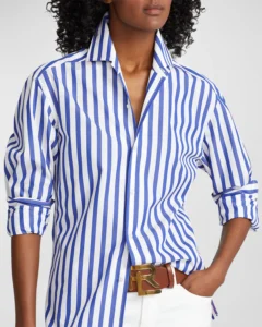 Preppy – Capri striped blouse by Ralph Lauren is both nautical and crisp, collar up or down