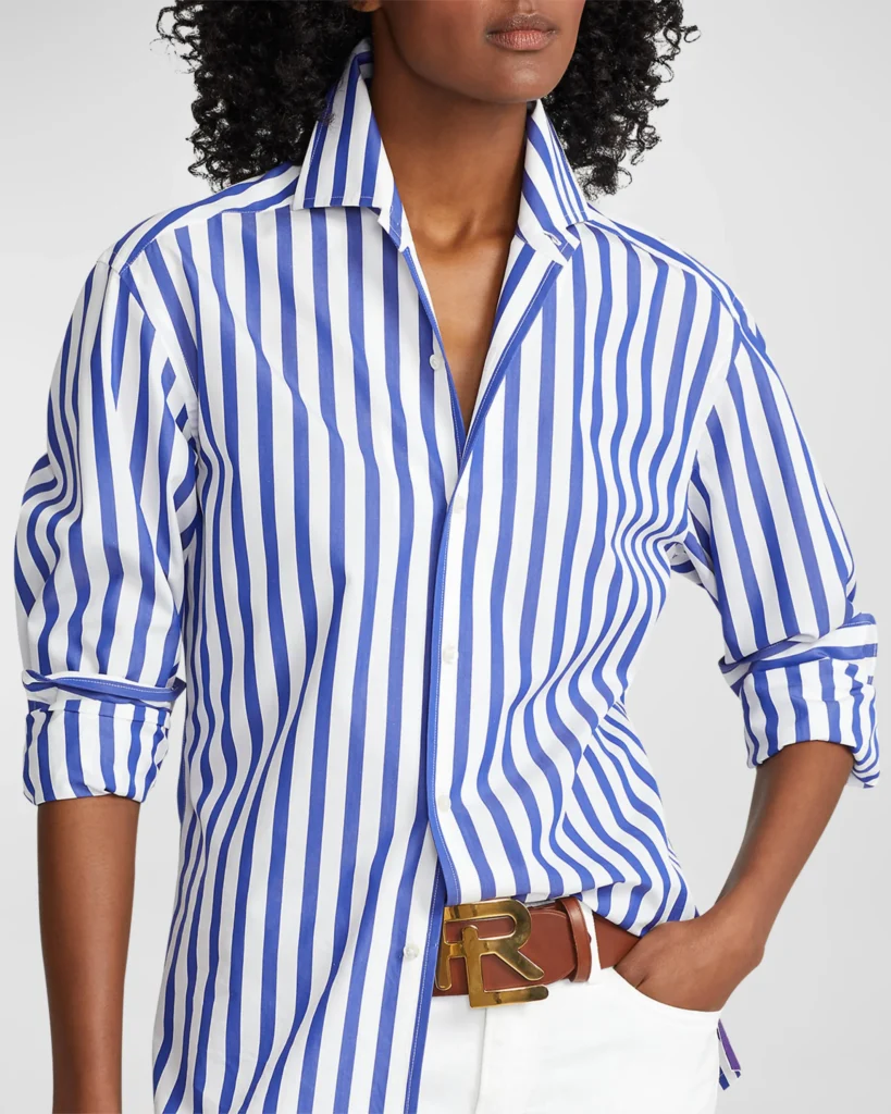 Capri striped blouse by Ralph Lauren is both nautical and crisp, wear the collar up or down.