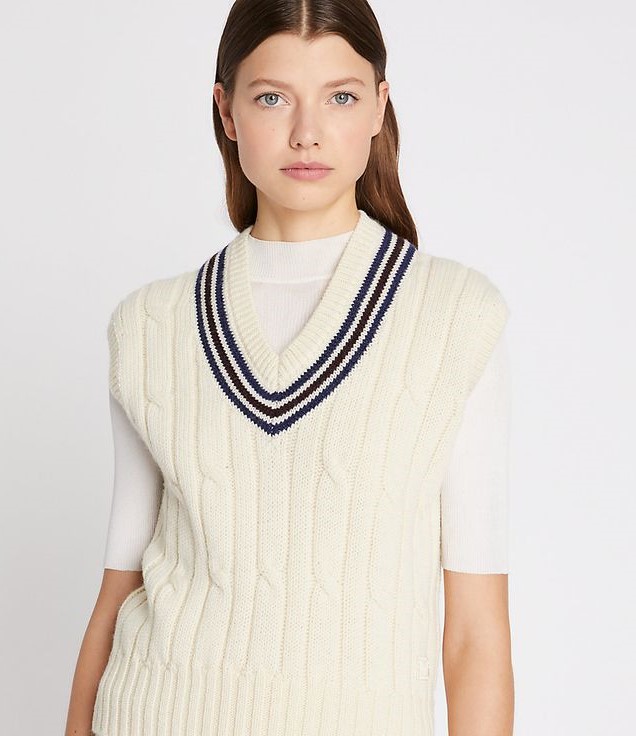 Preppy – Tory Burch cable knit V-neck vest for a turn on the tennis court or anywhere