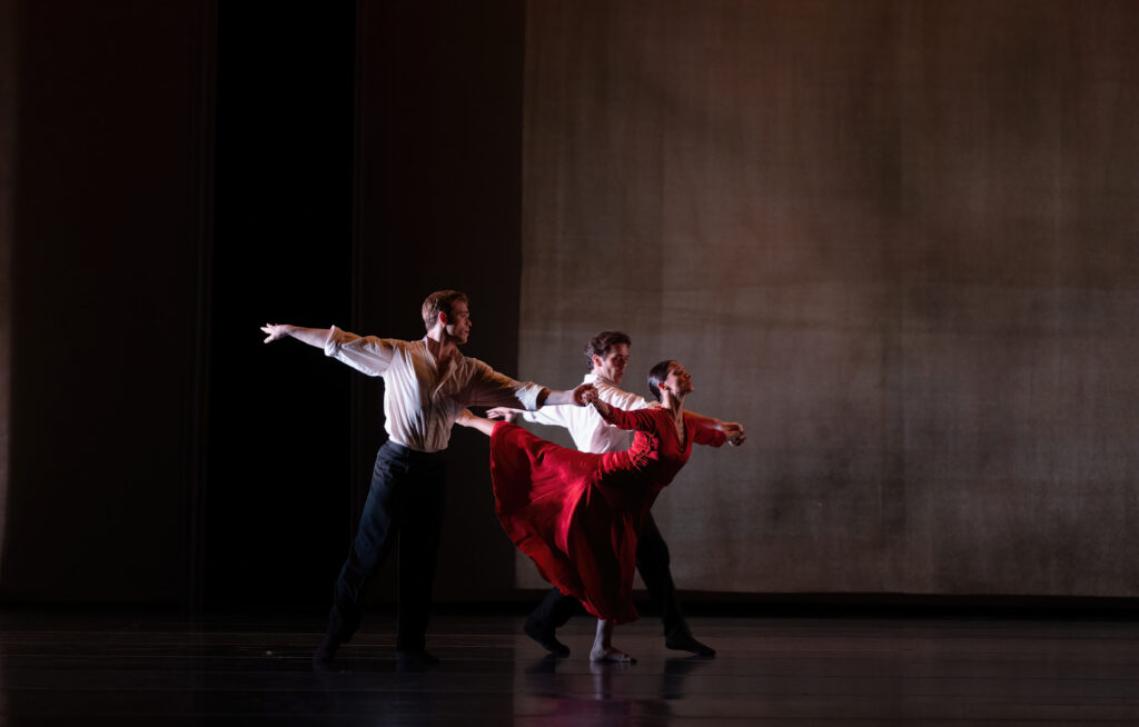 Houston Ballet principals Karina González and Connor Walsh with demi soloist Jack Wolff in Jiří Kylián's "Overgrown Path." (Photo by Amitava Sarkar. Courtesy Houston Ballet)
