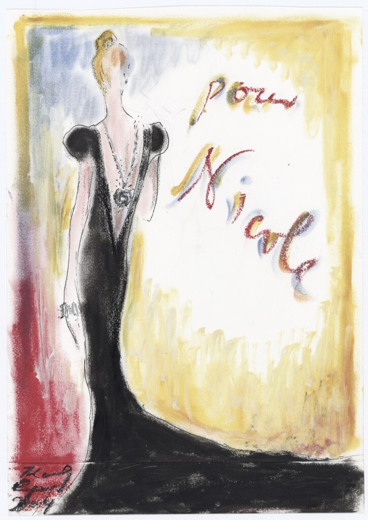 Karl Lagerfeld’s drawing for Nicole Kidman of a Chanel haute couture evening gown for the Chanel N°5 commercial directed by Baz Luhrmann in 2004. (Courtesy Patrimoine de CHANEL, Paris)