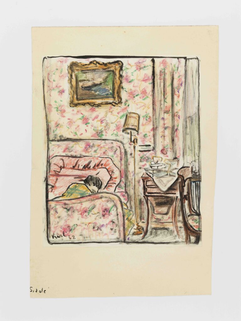 The earliest known drawing by Karl Lagerfeld, from 1942, the year he turned nine, a self-portrait, taking a nap in his room, his table crowded with books. 
(Courtesy Patrimoine de Chanel, Paris)