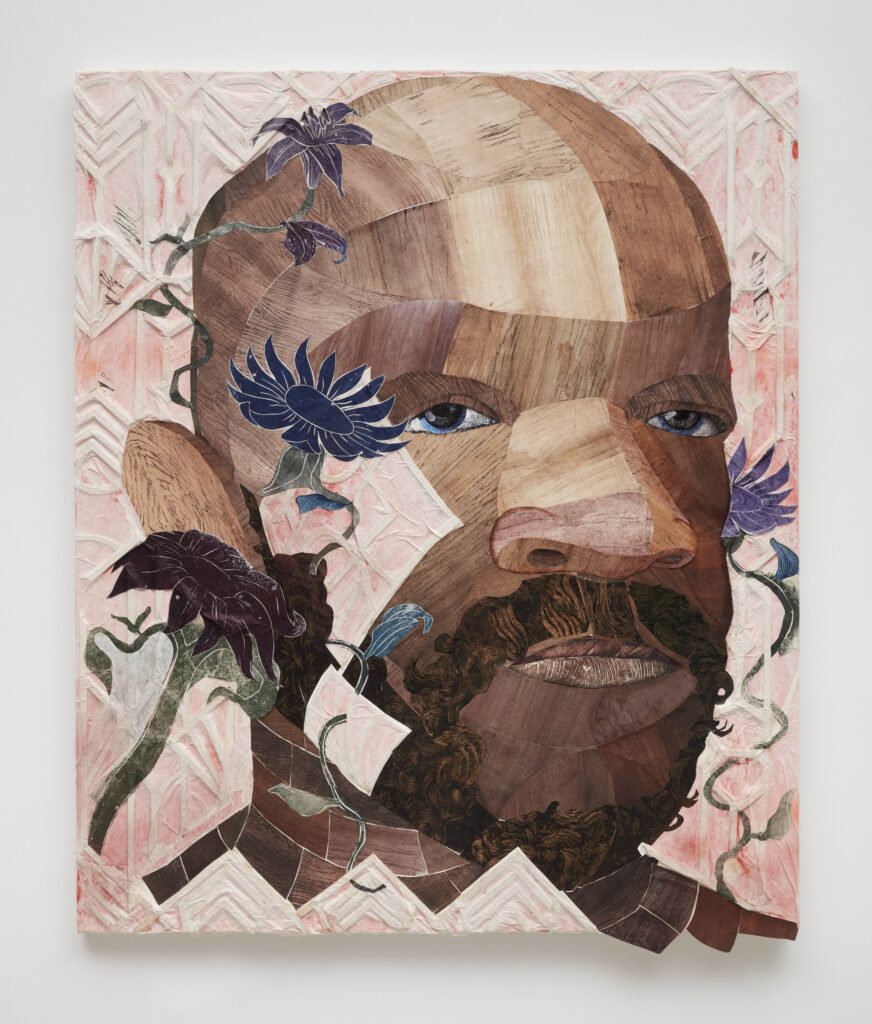 Yashua Klos's "Uncle Scott," 2022, at Museum of Fine Arts, Houston. Woodblock prints on archival paper, Japanese rice paper, acrylic, spray paint, colored pencil, and wood mounted on canvas. (Courtesy Yashua Klos and Sikkema Jenkins & Co., New 
York)