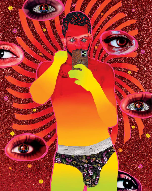 Devan Shimoyama's "Red Haze," 2021, at Museum of Fine Arts, Houston. (Courtesy Devan Shimoyama and Kavi Gupta Gallery, Chicago)
