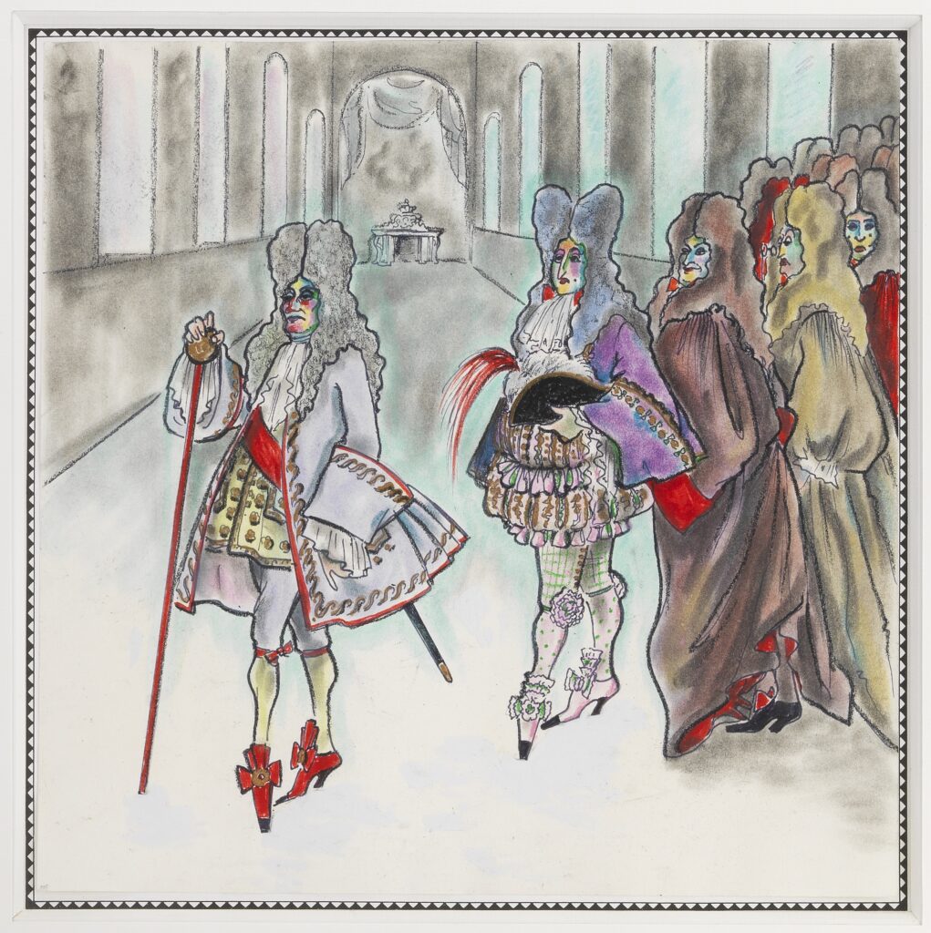 In Karl Lagerfeld's reimagining of The Emperor’s New Clothes by Hans Christian Andersen, the poor monarch is off to discover his imaginary clothes, accompanied by his false, fawning court. (Courtesy Patrimoine de CHANEL, Paris)