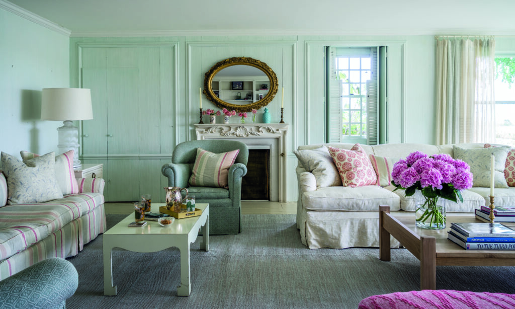 A soft blue living room in the home of
Bridget Koch, designed by Kathryn Ireland, from the book Kathryn M. Ireland: A Life in Design (CICO Books). (Photo by James Merrell)