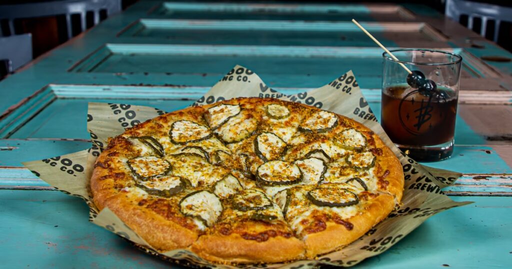 Voodoo Brewing offers several pizzas including the Voo-Dill Pickle. (Courtesy)