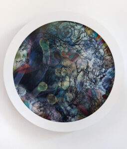 Blue, Yellow Indian sea anemone, soft coral red sea, tidal tondos series- janavi Mahimtura Folmsbee – center