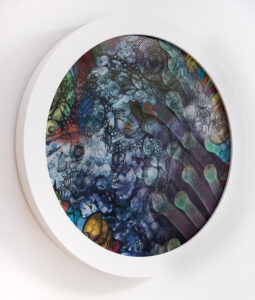 Blue, Yellow Indian sea anemone, soft coral red sea, tidal tondos series- janavi Mahimtura Folmsbee – left view