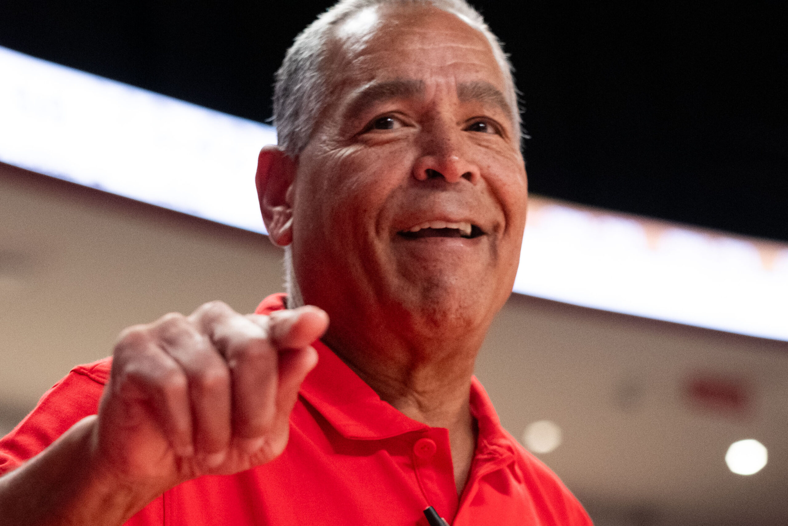University of Houston head coach Kelvin Sampson visited with Drew Richards, head coach of the UNC Pembroke Braves, his alma mater, before an exhibition contest