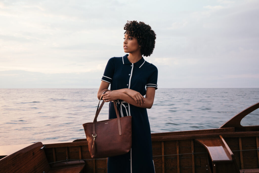 The classic Bellfield tote shown in a hazelnut tone, by FOUNT leather goods.