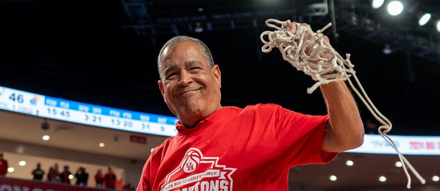 University of Houston coach Kelvin Sampson cut down the net after winning the sweetest of Big 12 titles. Something Bob Huggins never expected to see. (@UHouston)