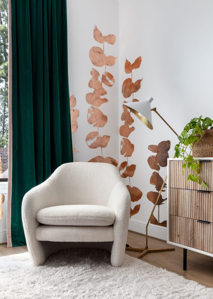 The special copper wallpaper is hand created, and is reminiscent of foliage.