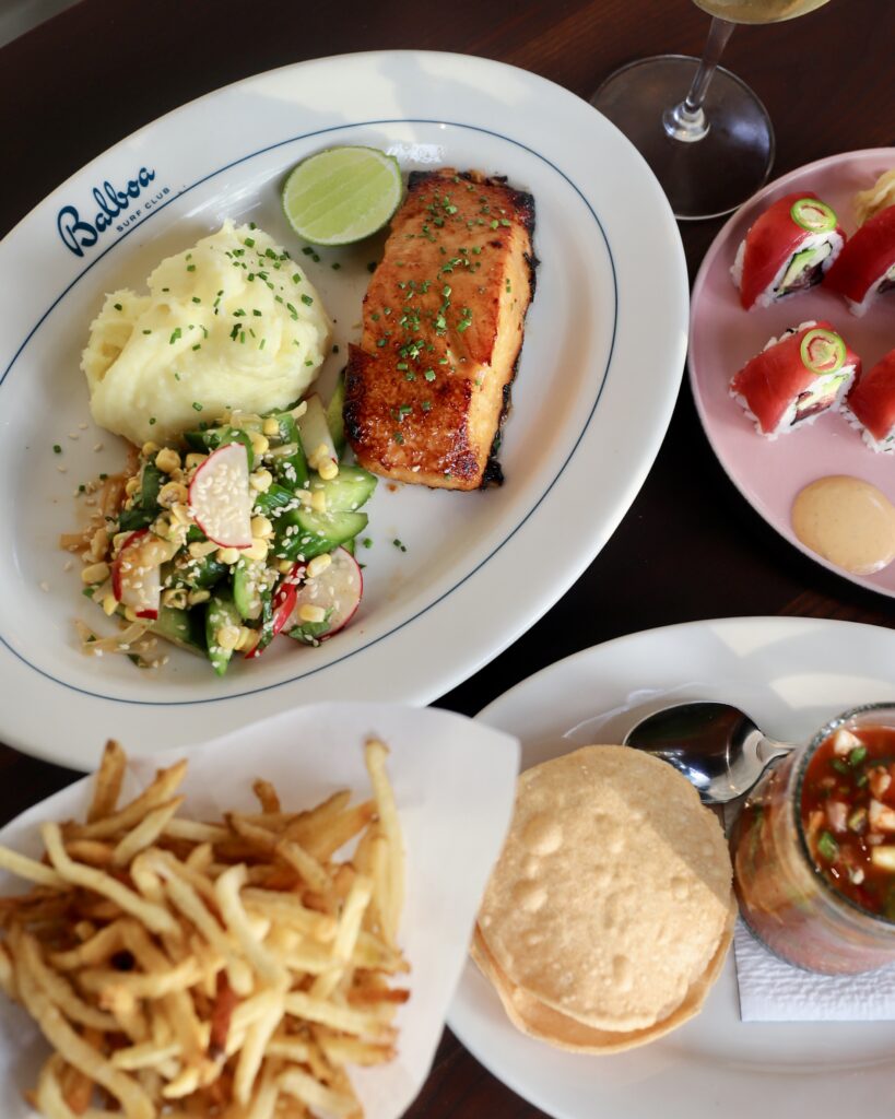 Balboa Surf Club menu favorites include Miso Salmon, Spicy Tuna, and Baja Seafood Cocktail.