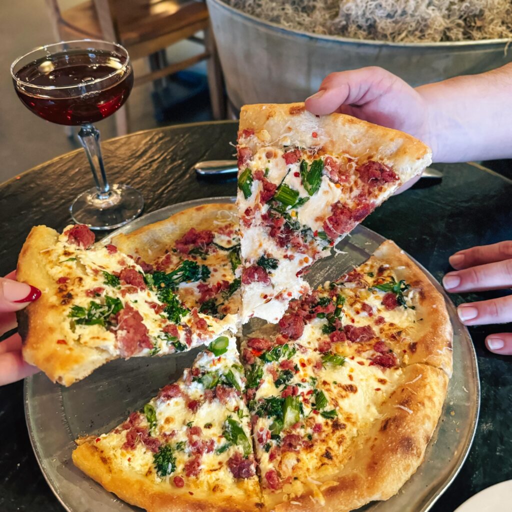 Pizza – Piatello’s simple crispy crust pizza are a shareable feast.