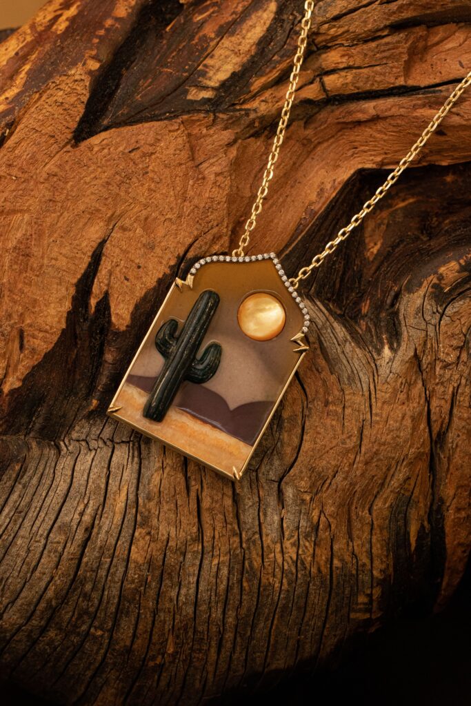 Necklace with diamonds, jasper, alabaster, dumortierite, and mother-of-pearl.