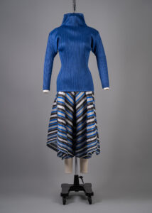 Houston Community College Issey Miyake's blue and silver striped Culottes with blue pleated top (Photo by Shane Quereshi)