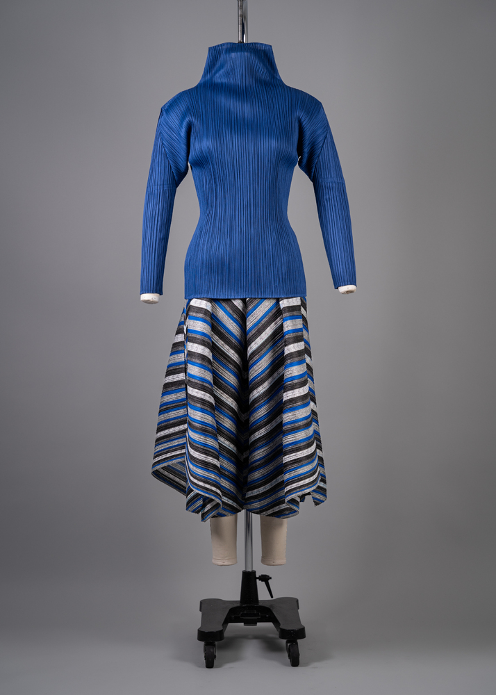 Houston Community College Issey Miyake's blue and silver striped Culottes with blue pleated top (Photo by Shane Quereshi)