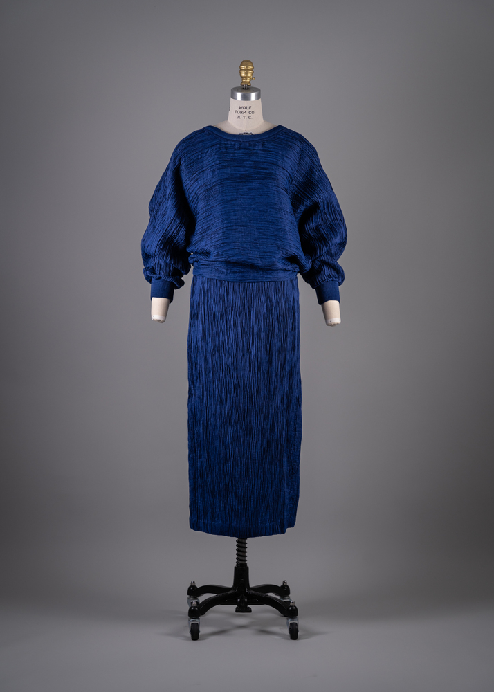 Issey Miyake's indigo blue silk cotton plisse skirt set, circa 1985 (Photo by Shane Quereshi)