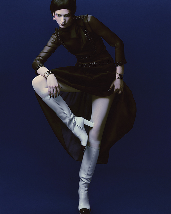 Chanel embroidered silk organza dress, swimming top $600, swimming trunk $500, tights $500, bracelet $1,250, earrings $975, and boot $2,175, at Chanel Highland Park Village. 